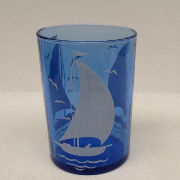 Hazel Atlas Glass Cobalt Blue SAILBOAT SHIPS Straight Sided 3 3/4" 9 Oz Tumbler - Picture 3 of 4